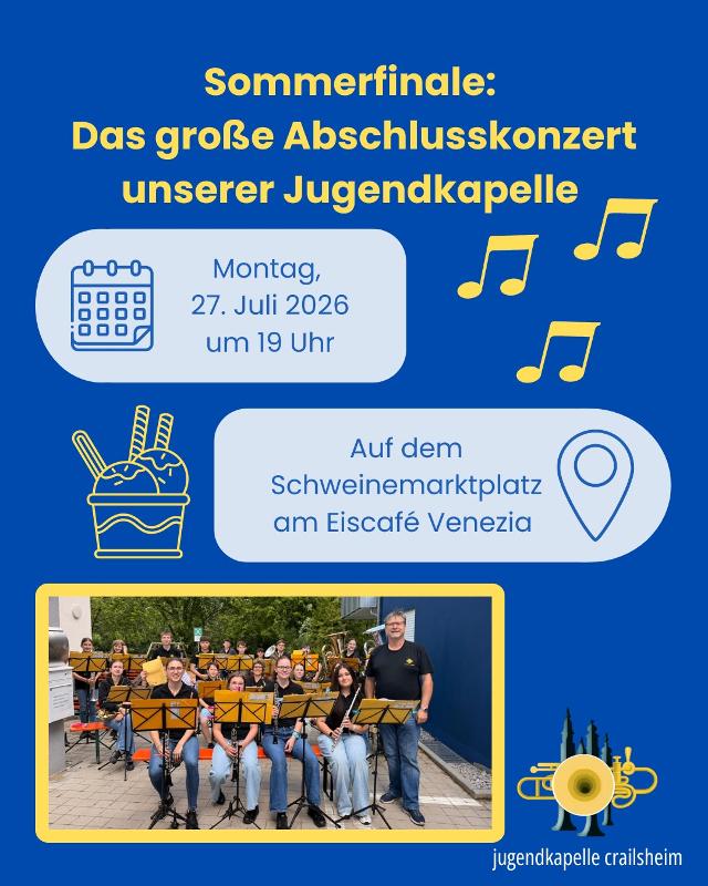 Sommerfinale der Jugendkapelle Crailsheim. Kinder und Lehrer sind auf dem Bild zu sehen.