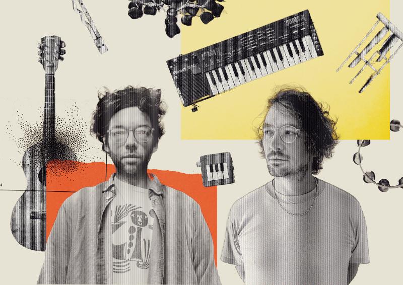 Zwei Personen mit Musikinstrumenten im Hintergrund