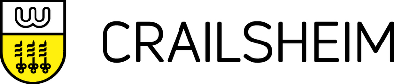 Wappen der Stadt mit dem historischen Symbol dem Horaff und drei gestürzten schwaren Kesselhaken darunter und der Schrift: Crailsheim